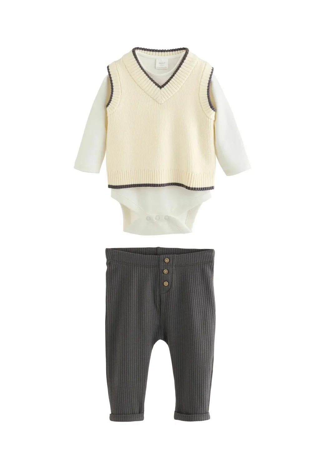 Детский вязаный комплект: жилет, боди и штанишки - джемпер Next, Charcoal Grey Cream