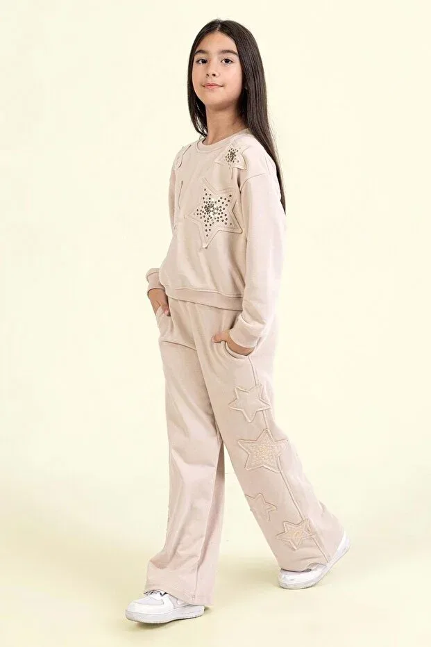 Детский комплект для девочек с принтом Girl'S stone detailed star patterned two-piece set Ww Waka Waka Kids Store, Beige — фото 2