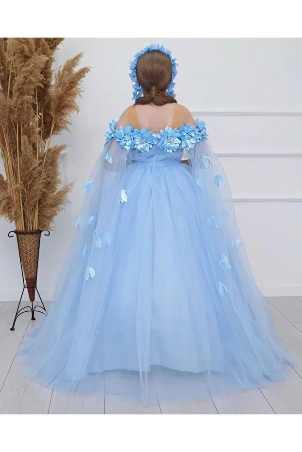 Детское платье для девочек с длинным рукавом Graduation evening dress children's tarlatanlı-buckle_gloves Sila, Blue — фото 4