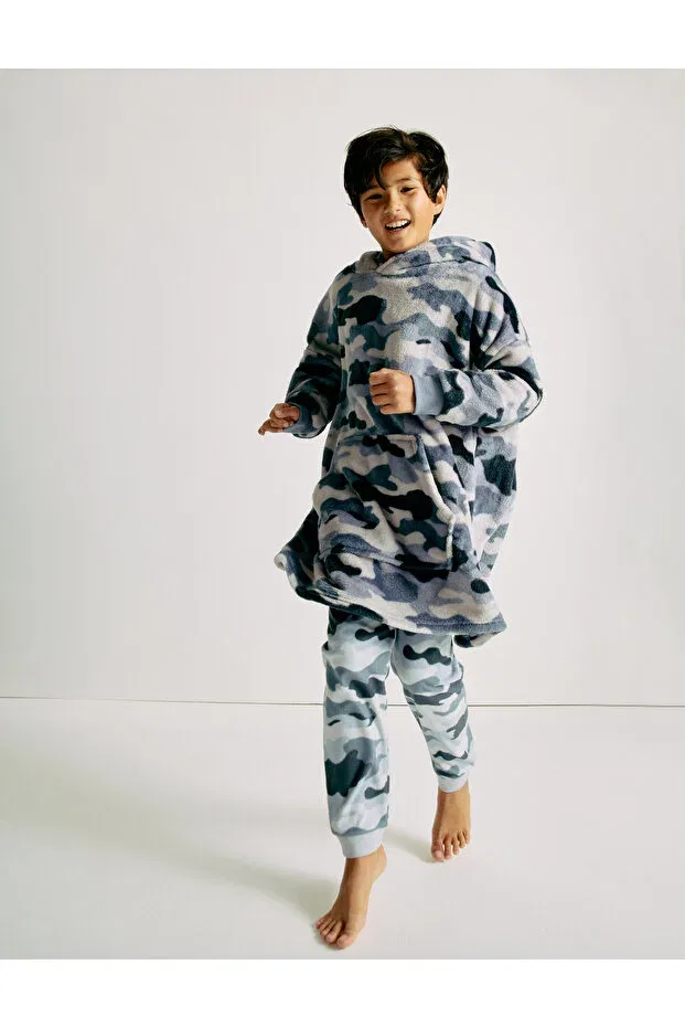 Детское худи для девочек с камуфляжным принтом оверсайз Camouflage patterned fleece hooded oversized hoodie Marks & Spencer, Gray — фото 2