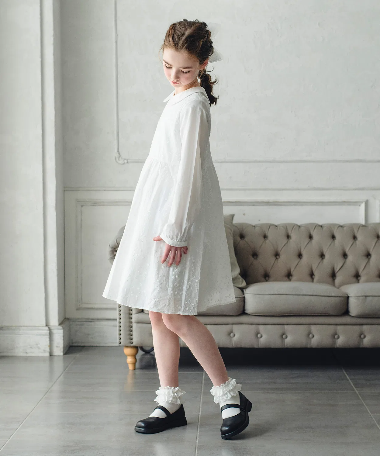 Детское платье для девочек с вышивкой, модель Embroidery Round Collar DRESCCO, White — фото 3