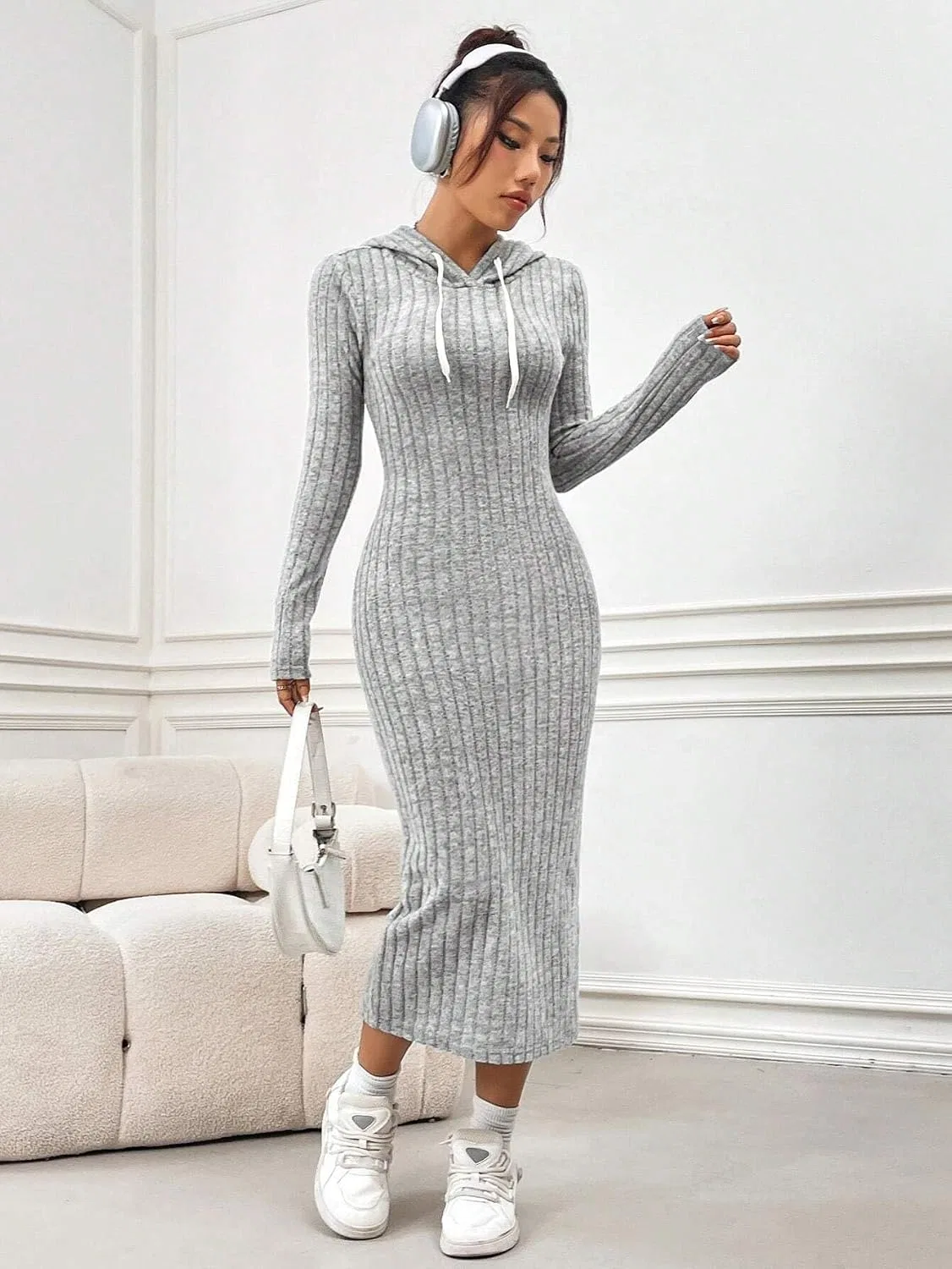 Женское повседневное платье с капюшоном Bodycon, Gray — фото 4