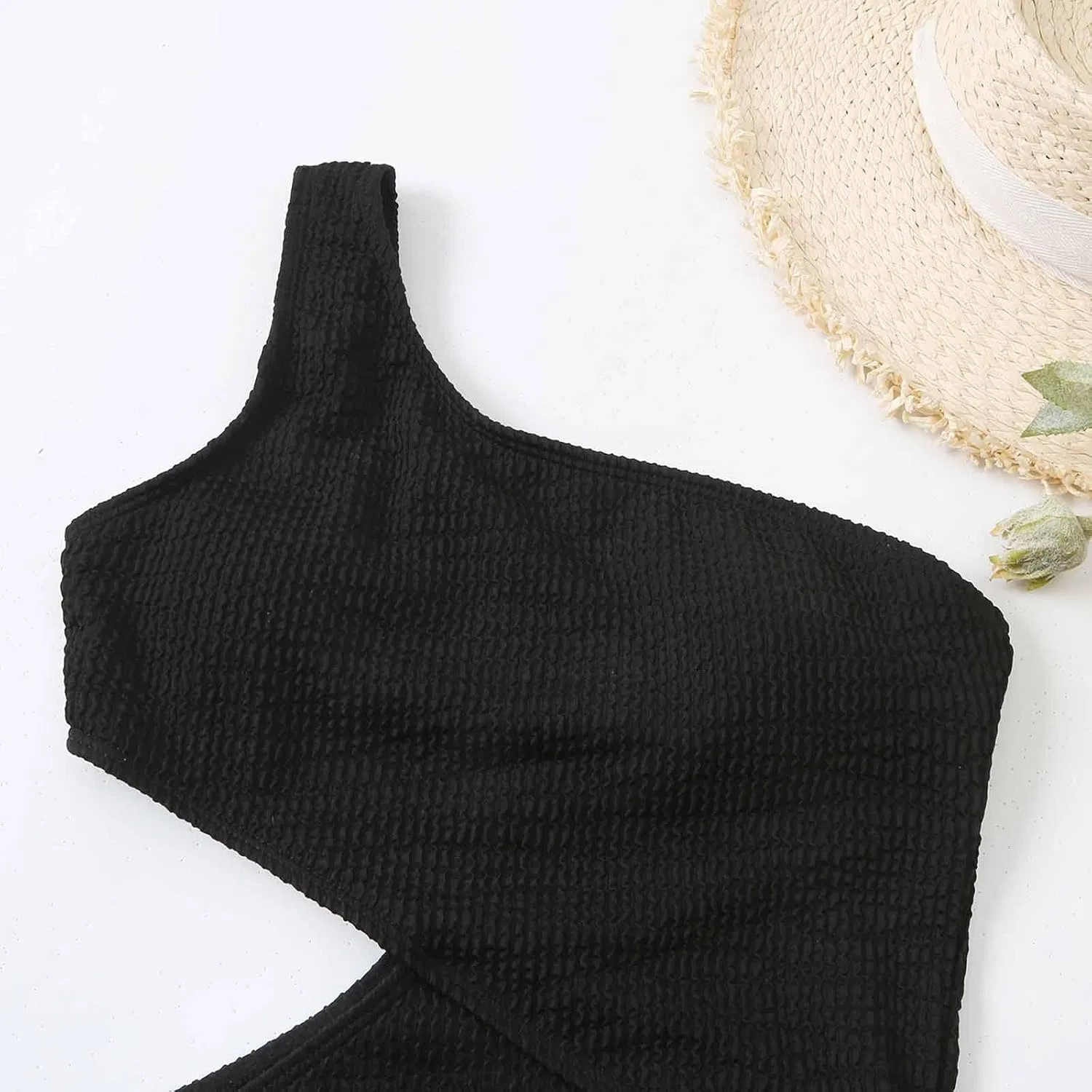 Женский цельнокроеный купальник с вырезом на плече Ribbed, Black — фото 4