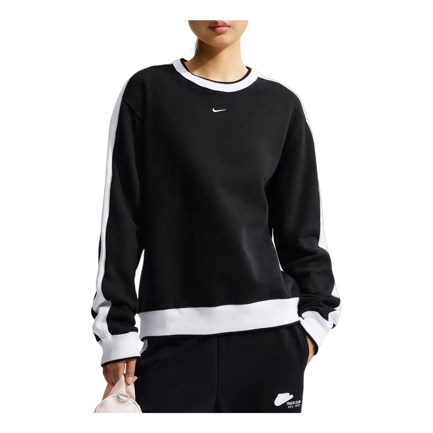 Женская футболка Studio Fleece Medium Weight Crew 'Total Black Sail' Nike, Total Black/Sail