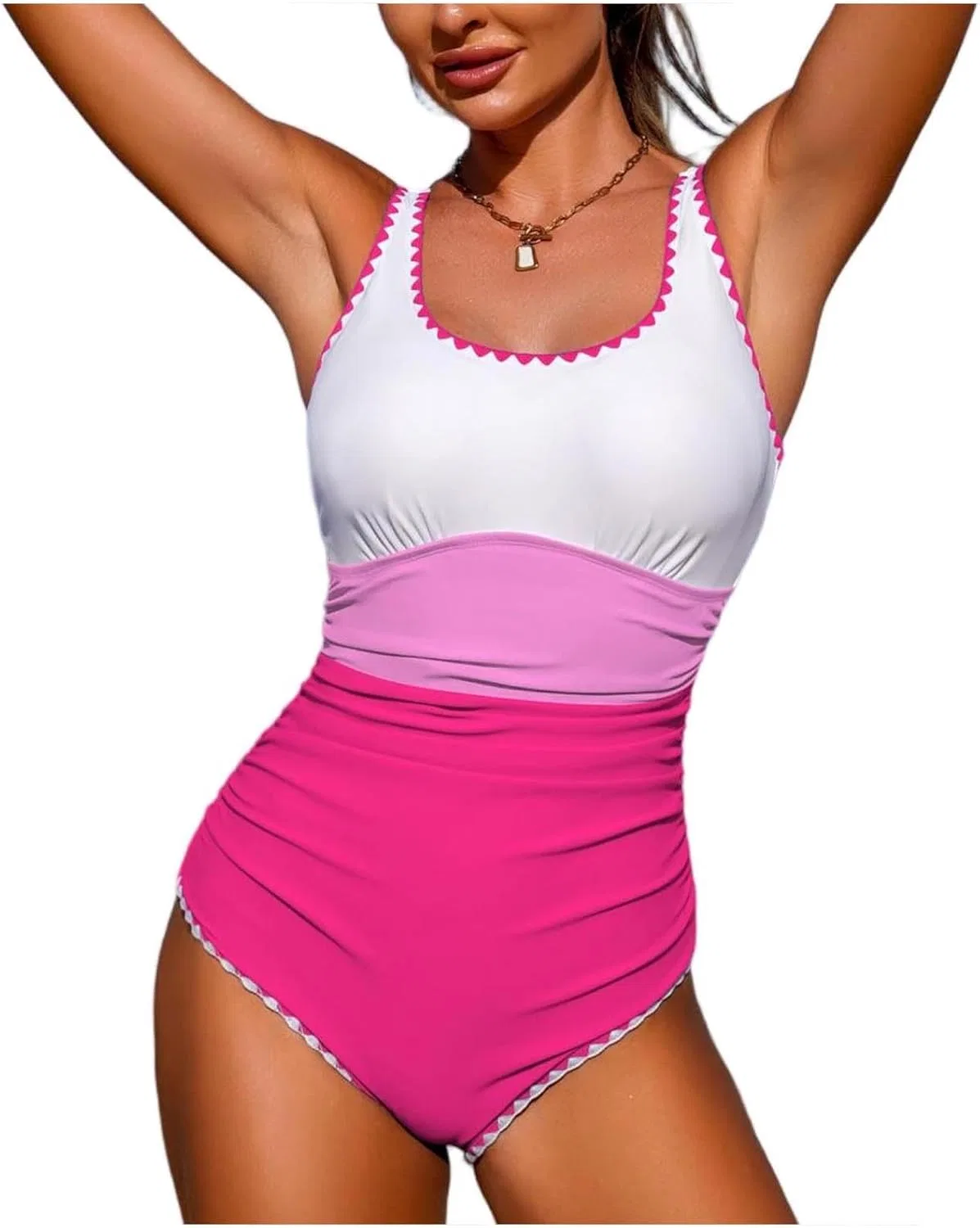 Женский цельный купальник с контролем живота Color Block Shell Stitched Ruched High Cut, Hot Pink