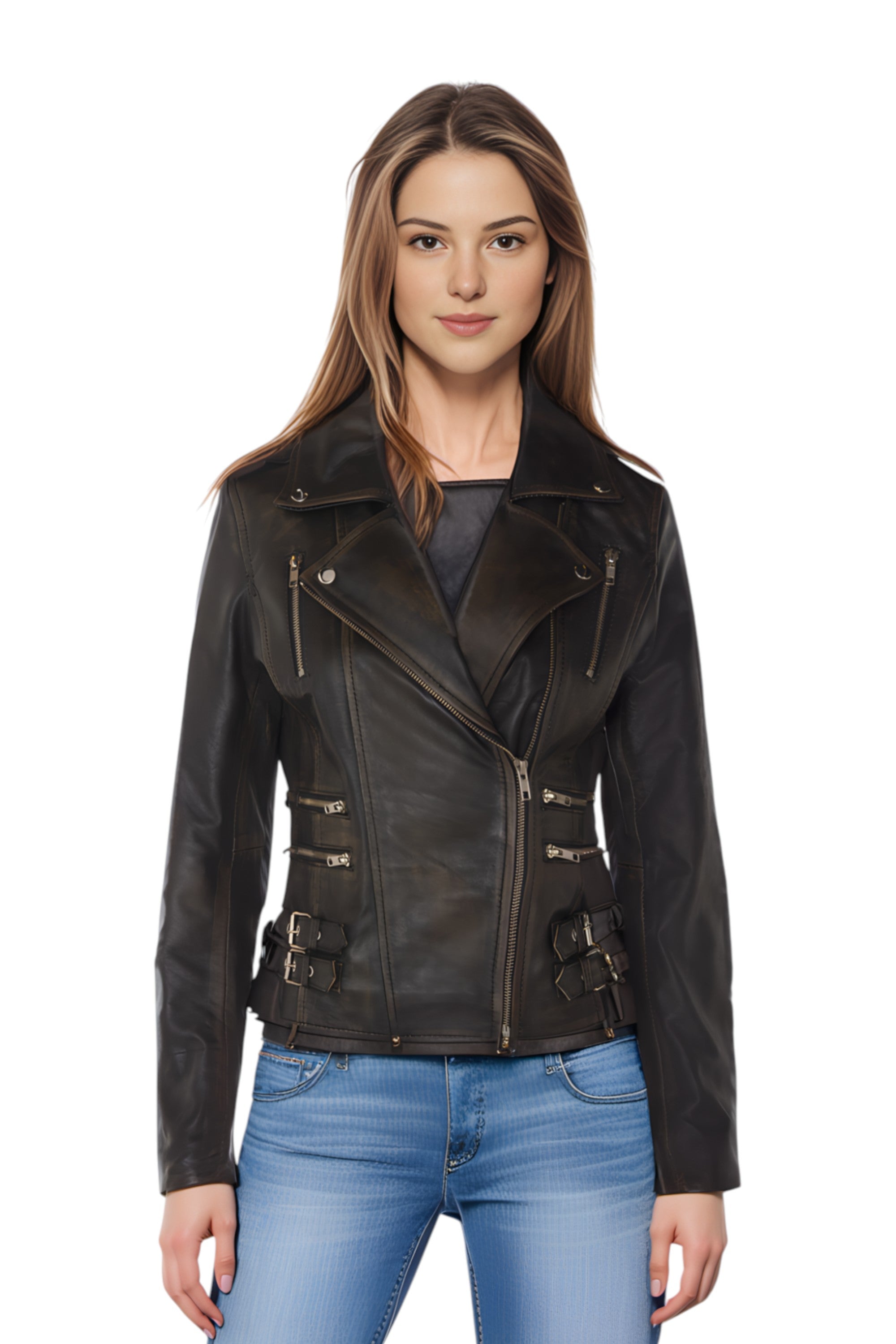 

Женская кожаная коричневая куртка байкера Brando Constantia Infinity Leather