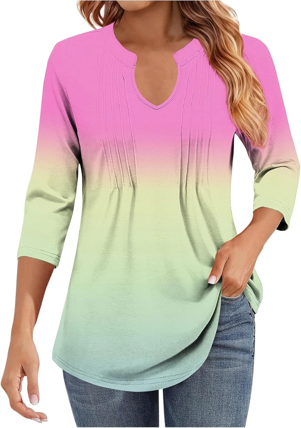 Женская футболка с градиентом V-образным вырезом 3/4 рукав, Hot Pink