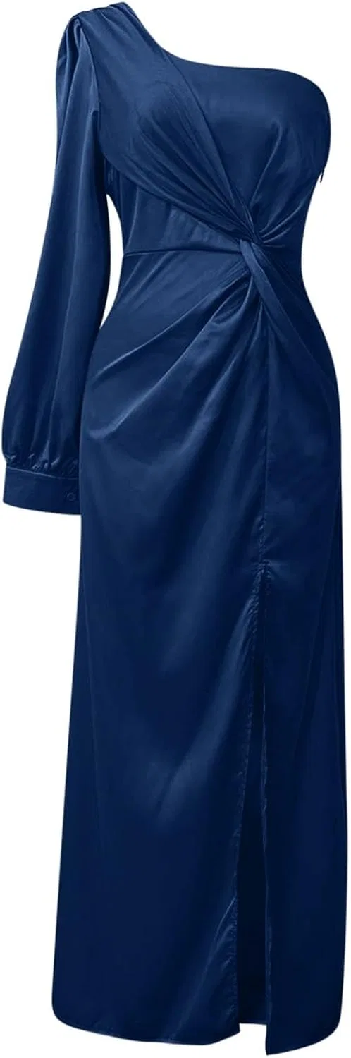 Женское вечернее платье с одним плечом и разрезом Generic, Blue — фото 3