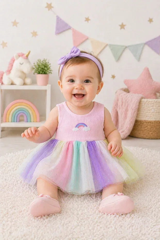 Детское платье для девочек хлопковое Rainbow tulle summer baby girl dress Bebekyol, Pink