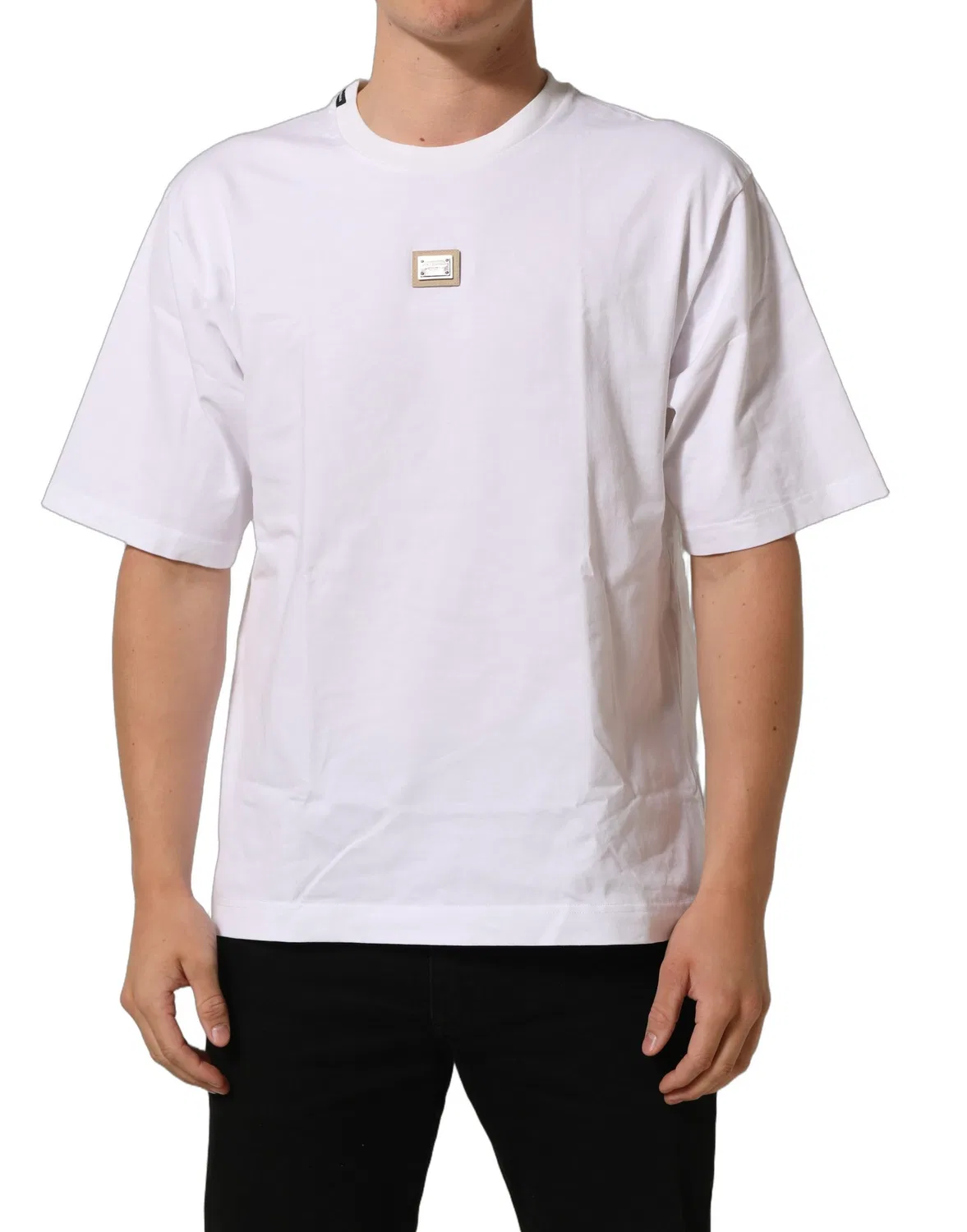 Мужская футболка с металлической пластиной с логотипом White Cotton Logo Plaque Crew Neck T-shirt Dolce & Gabbana, White — фото 3