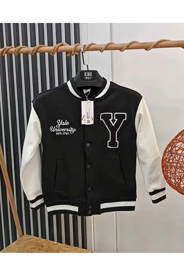 Детская куртка-бомбер с принтом Unisex bomber college jacket patch appliqued back printed Oliveyoumom, Black Cream — фото 4