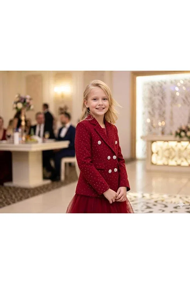 Детский пиджак для девочек с принтом Mother Daughter Stone Detailed Blazer Jacket Hilal Akıncı Kids, Burgundy
