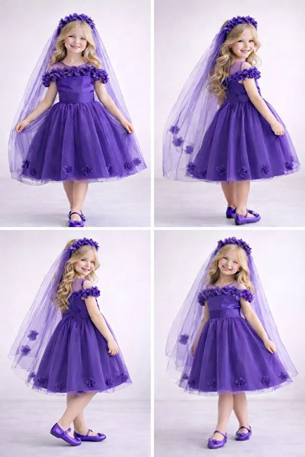 Детское платье для девочек с принтом Pompom Melis Çocuk, Purple — фото 2