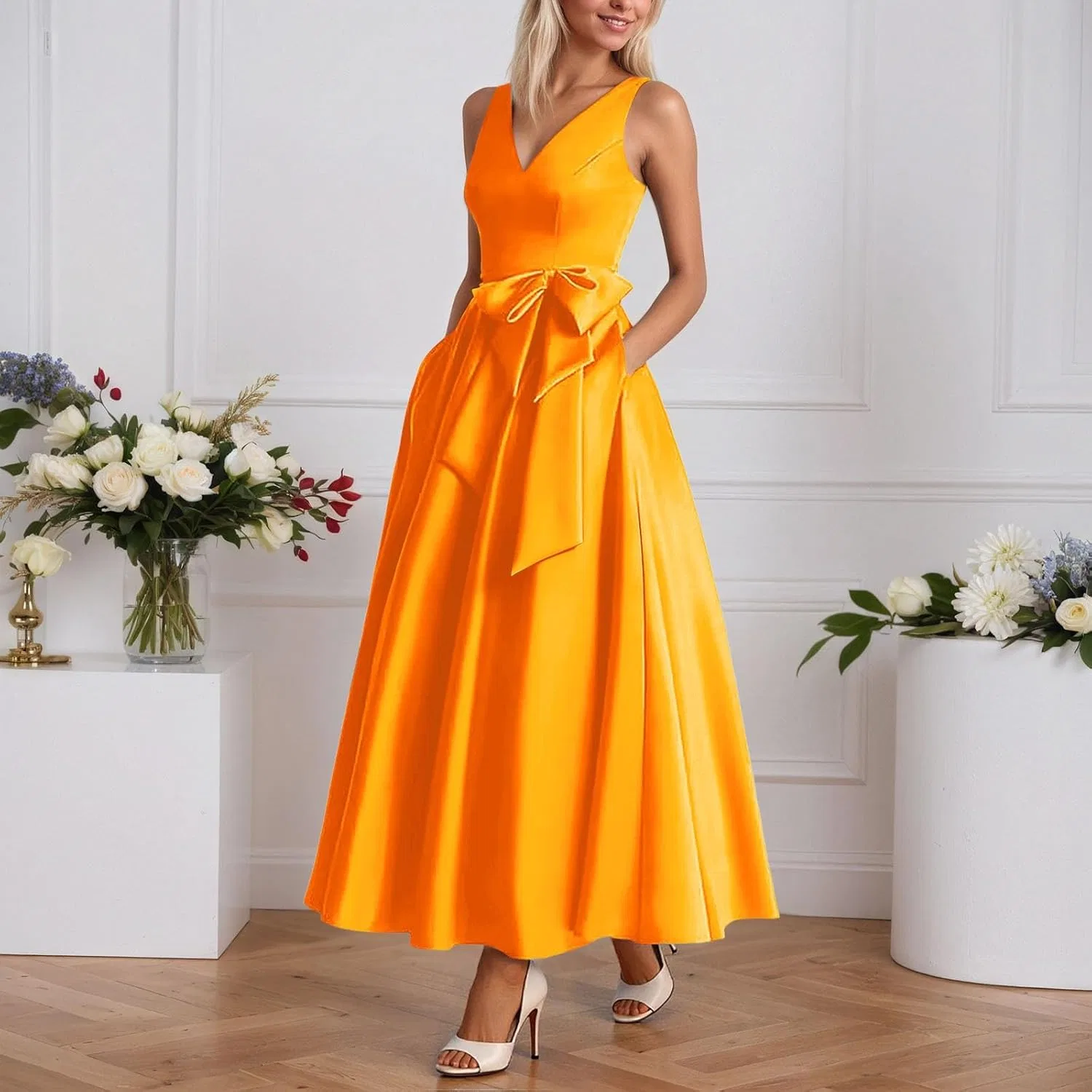 Женское коктейльное платье A-силуэта с бантом Satin, Orange — фото 2