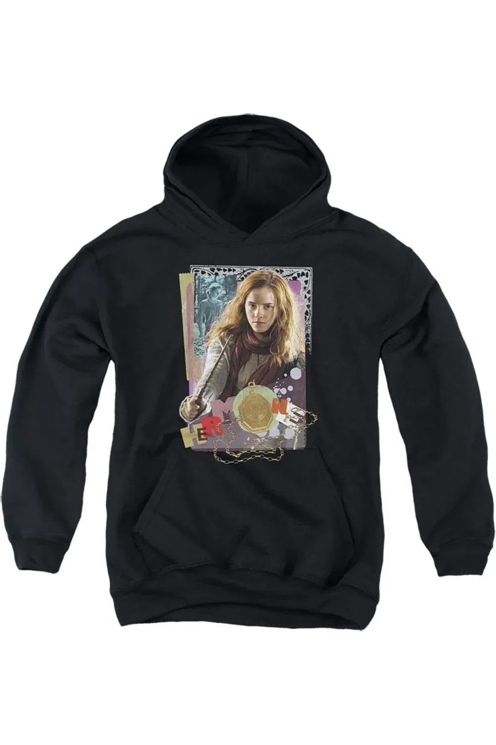 Детское худи с капюшоном с принтом Harry Potter Hermione Colorful Paper Collage Gildan, черный