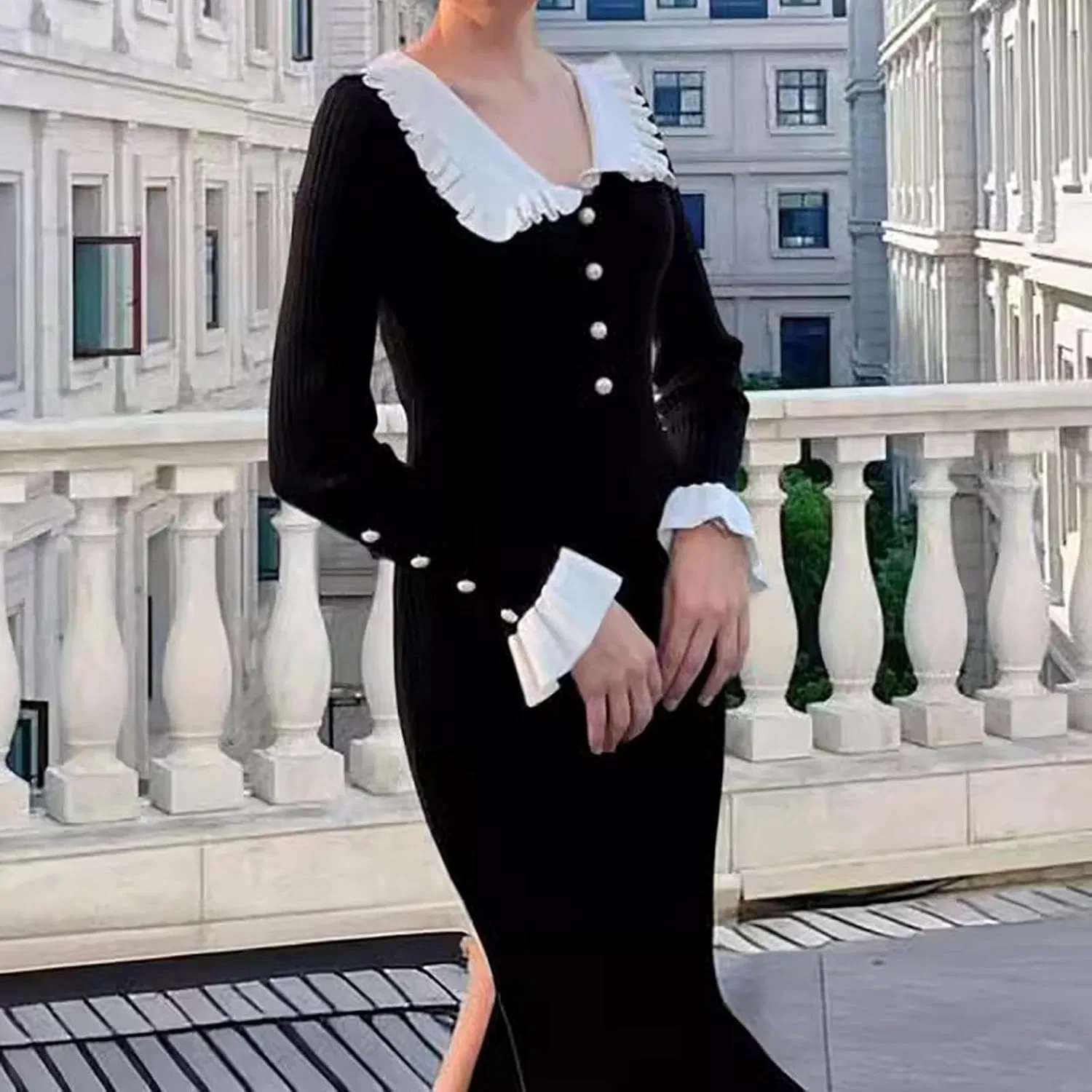Женское полуформальное платье-свитер с рюшами, Black — фото 2