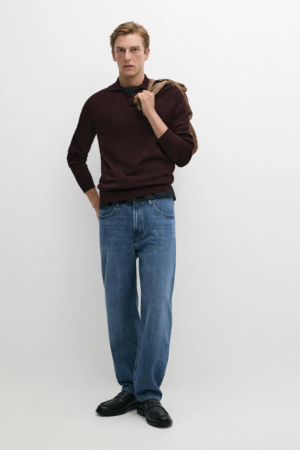 Поло-свитер Massimo Dutti 100% Cotton Knit, бордовый — фото 3