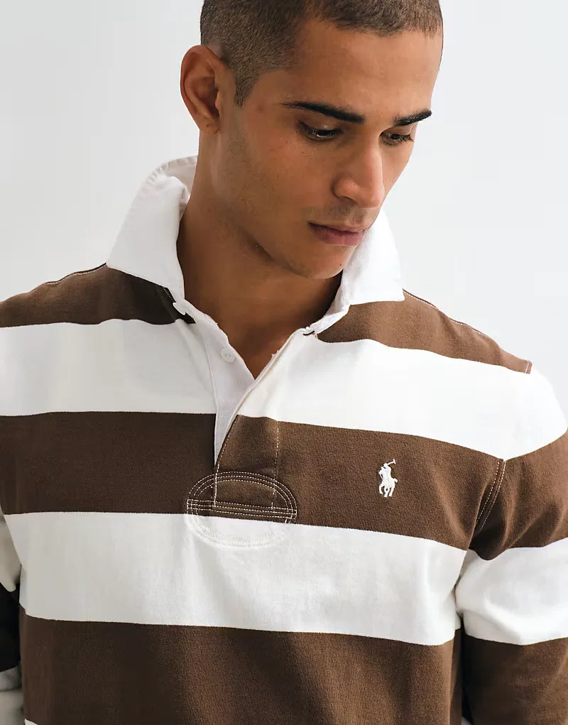 Поло-рубашка с длинным рукавом Polo Ralph Lauren для регби, коричнево-белая — фото 3