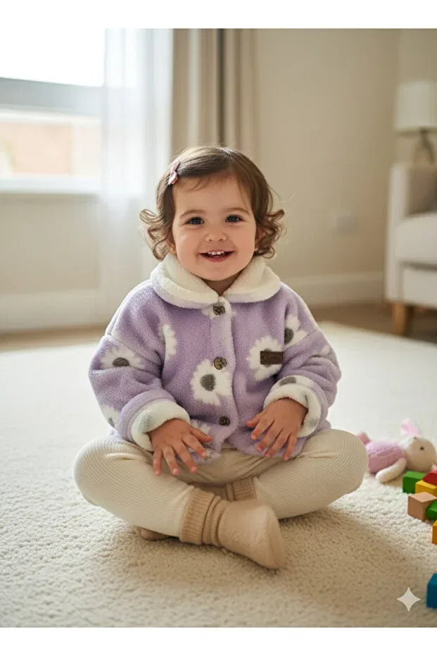 Детское пальто для девочек с принтом Floral girl's welsoft plush jacket Canini, Lilac — фото 3