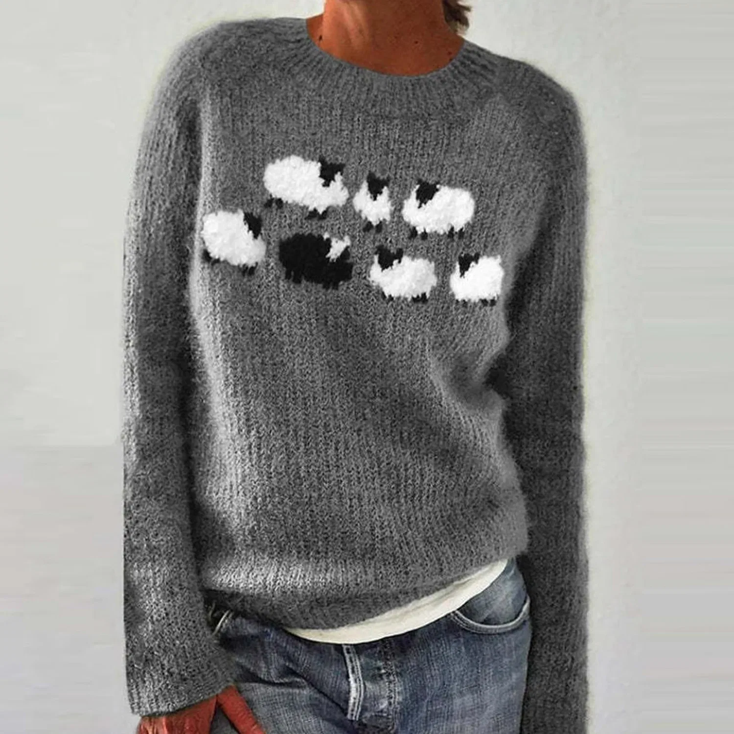 Женский свитер с принтом Crew Neck Chunky Knit, Dark Grey — фото 3