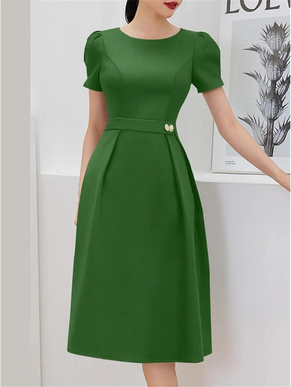 Женское платье миди с короткими пышными рукавами A-line, Green — фото 4