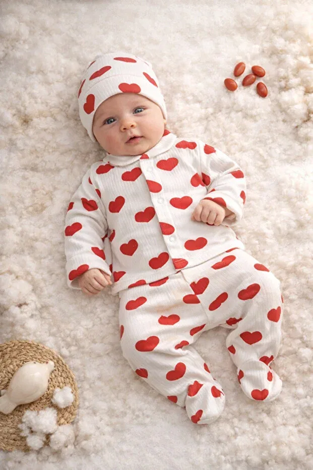 Детский комплект пижам для новорожденных с принтом Corded fabric fabric 100% cotton cute heart patterned newborn baby pajama set with hat Aslin Store, Red — фото 2