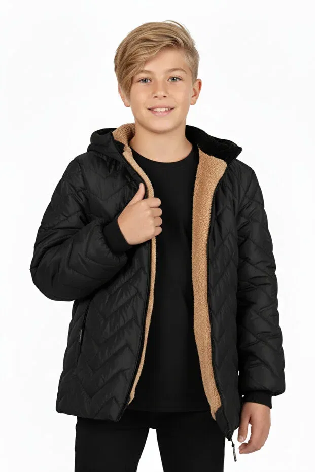 Детское пальто для девочек с капюшоном Black Zigzag Water And Windproof Boys Coat With Wersoft Inside And Hood Generic Brands, Black