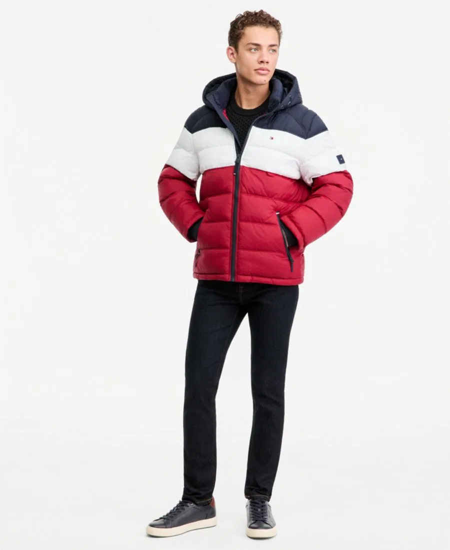 Мужская стеганая куртка-пуховик с капюшоном Tommy Hilfiger, Red/White/Blue Colorblock — фото 2