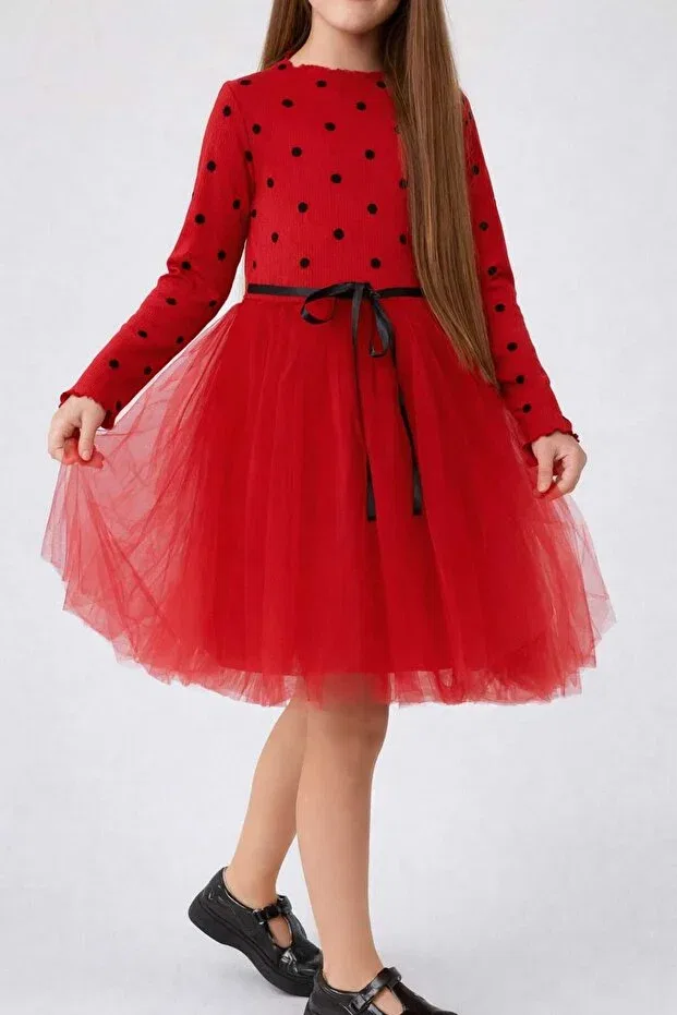 Детское платье для девочек с принтом Polka Dot Girl's Long Sleeve Tulle Dress Neocotton, Red — фото 2