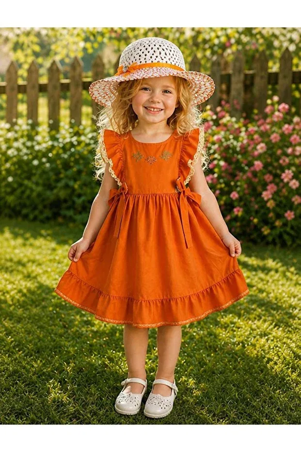 Детское платье для девочек с принтом Orange Ruffled Embroidery Detailed Girls' Dress with a Hat as a Gift Kozadankids, Orange