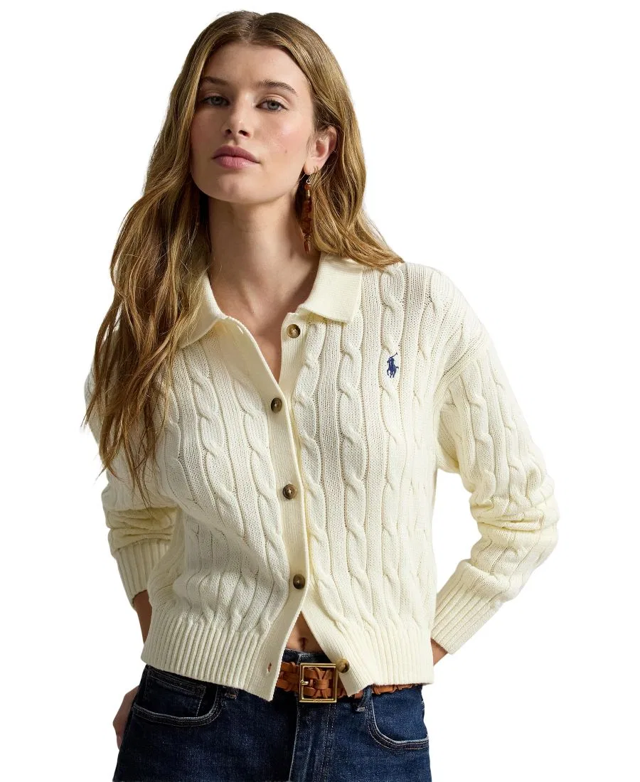 Кардиган женский с воротником-поло, длинным рукавом Polo Ralph Lauren, Clubhouse Cream