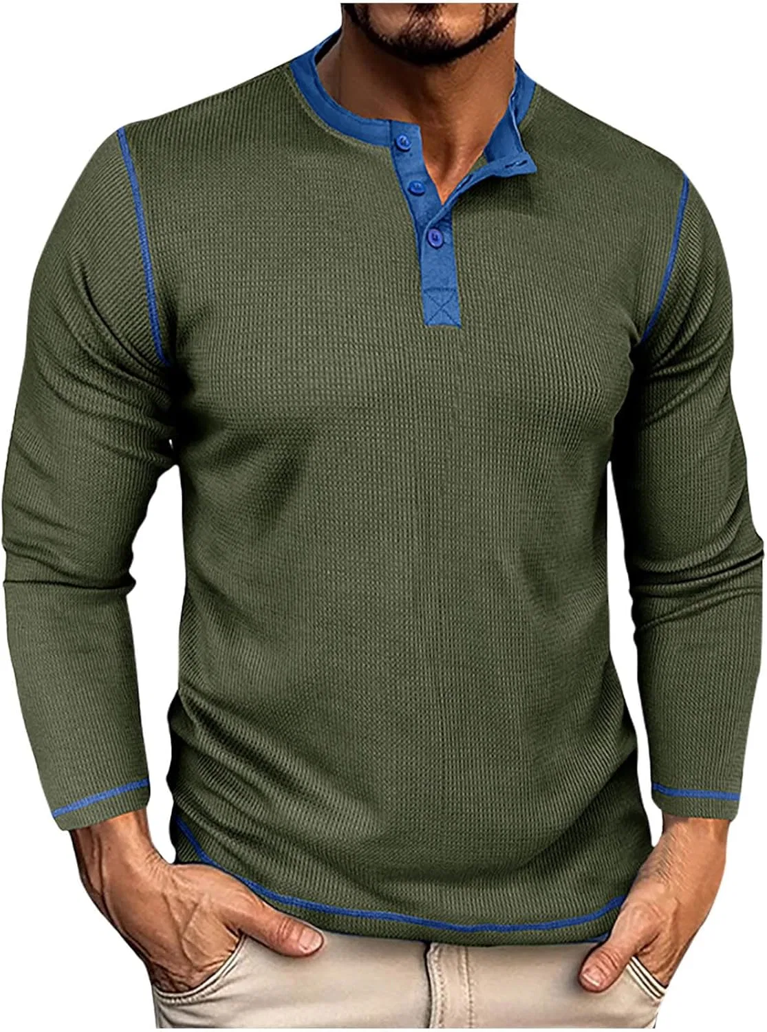Мужская хенли футболка с длинным рукавом вафельная, Army Green