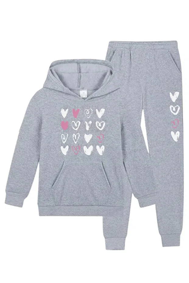 Детский комплект свитшота и брюк для девочек с принтом Kangaroo Pocket Hooded Heart Panios Kids, Gray — фото 3