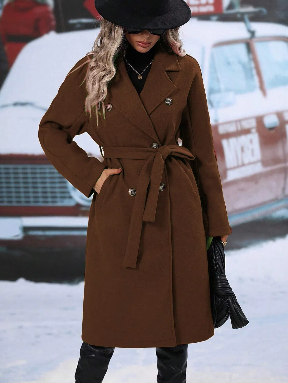 Женское длинное шерстяное пальто с лацканами и поясом, brown — фото 2