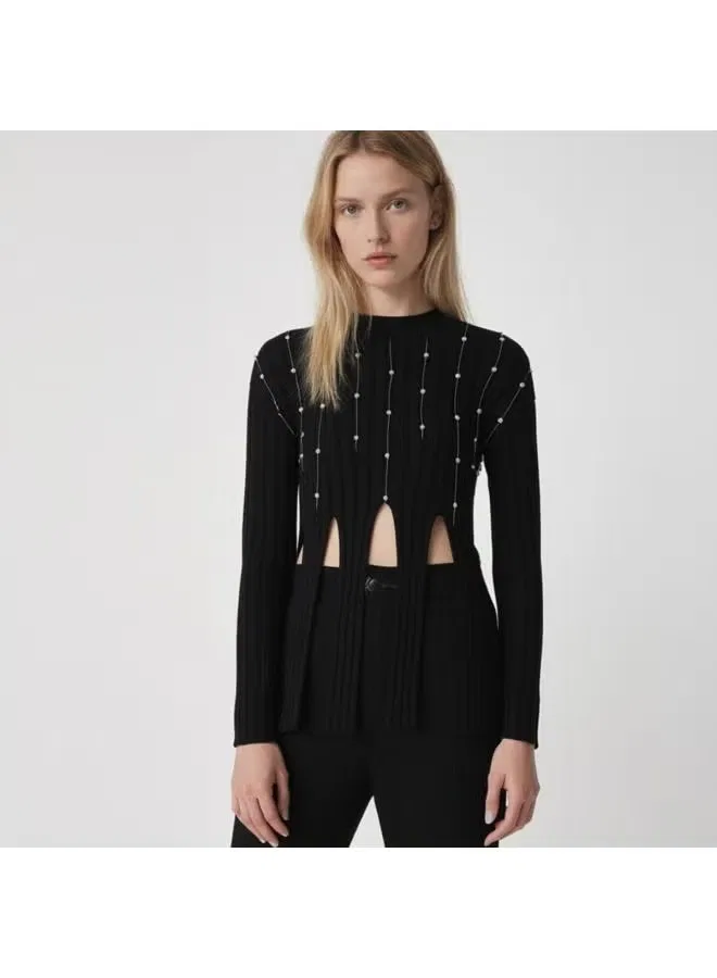 Свитер с полузакрытым воротом и бахромой из жемчуга Zara, черный — фото 2