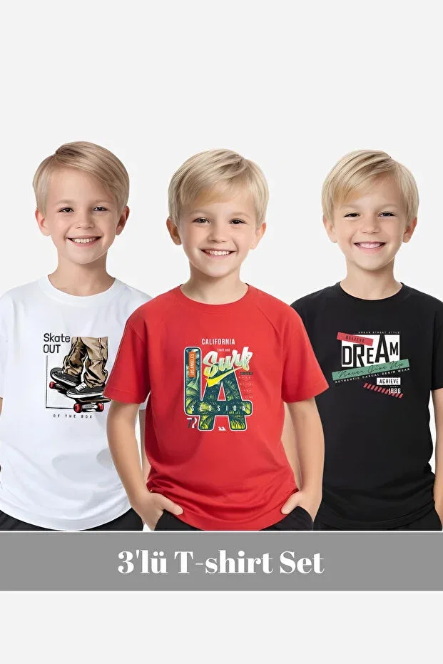 Детский комплект футболок для мальчиков с принтом Boys Round Neck 3-Piece Basketball-Surf Al Day Printed T-Shirt Fyk Kids, Black-White-Red