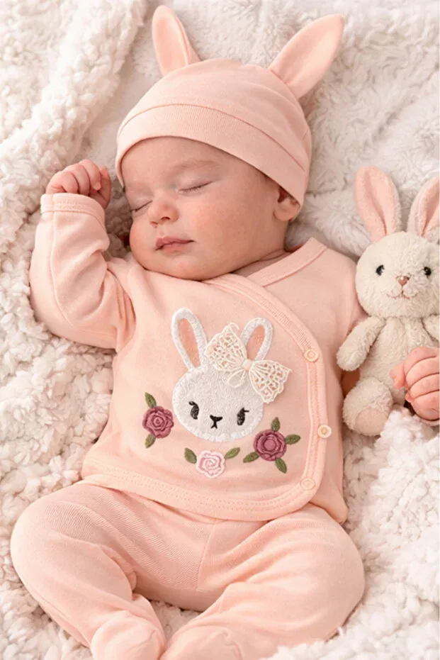 Детский комбинезон для новорожденных с принтом Organic baby girl print rabbit patterned 5-piece jumpsuit hospital release newborn outfit baby bib Bamoola, Lilac