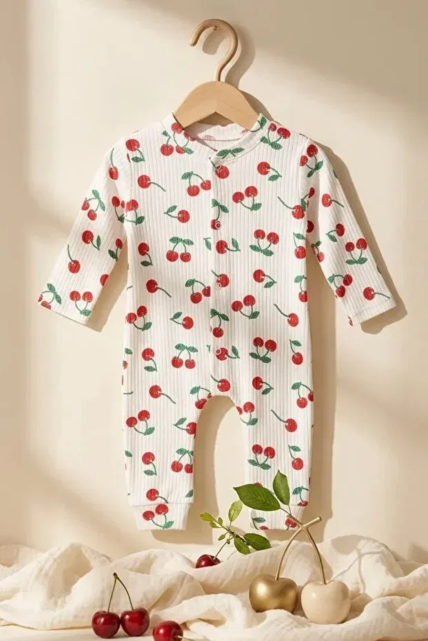 Детский комбинезон для новорожденных с принтом Cherry Printed Zıbzıb Baby, Ecru