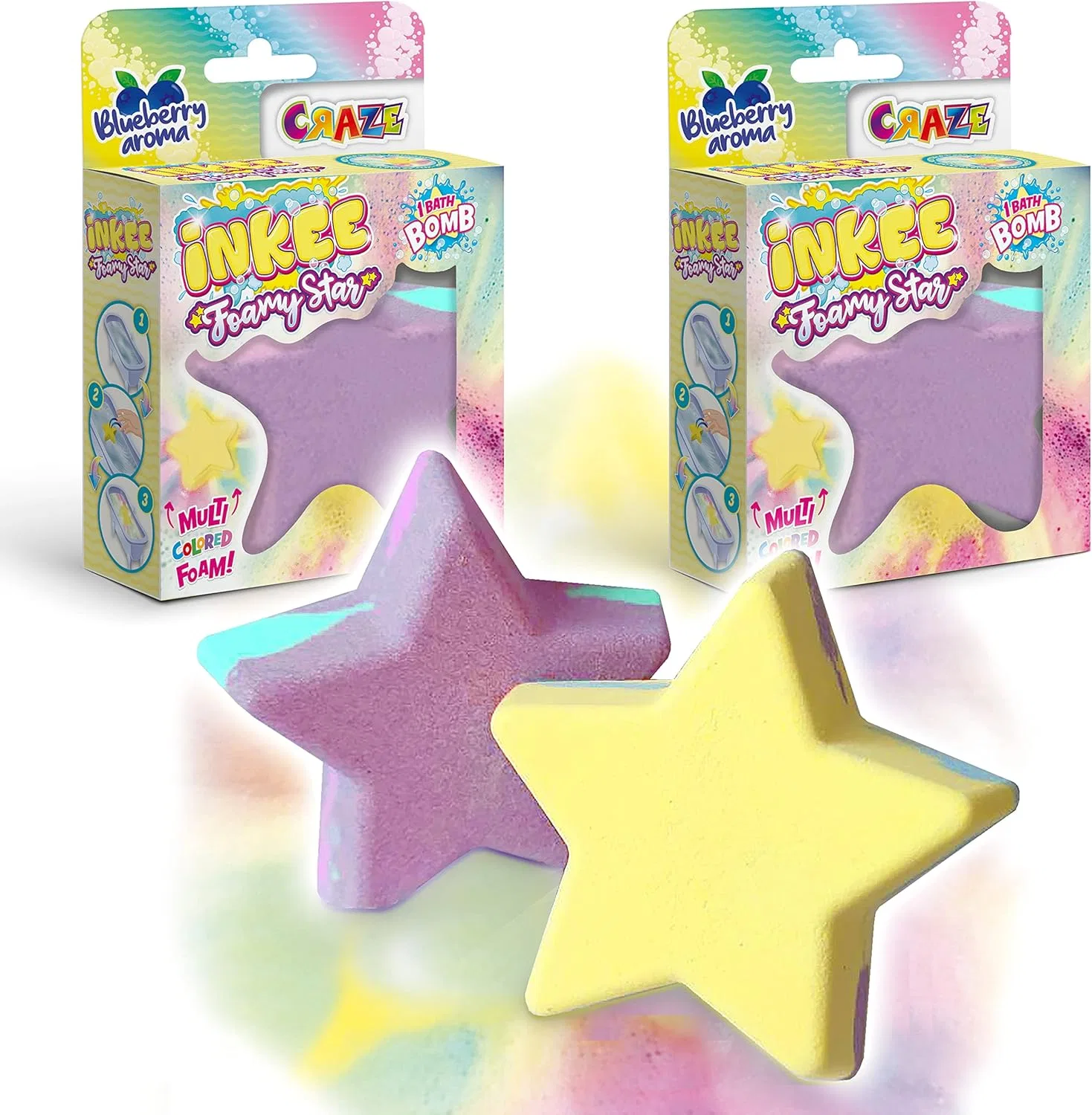 Детская бомбочка для ванны INKEE Foamy Star, набор 2 шт, 140 г, Blueberry, Желтый и Фиолетовый