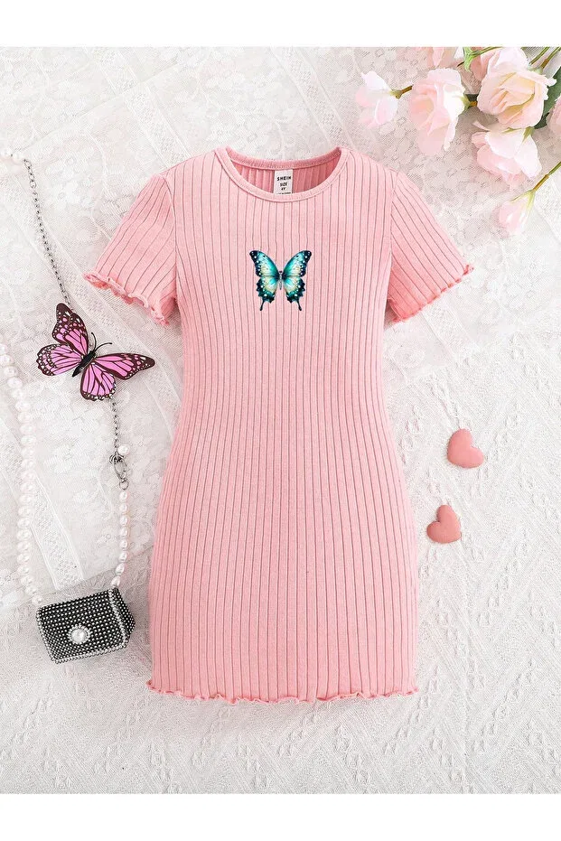 Детское платье для девочек с принтом Butterfly Printed Short Sleeve Keywest, Pink