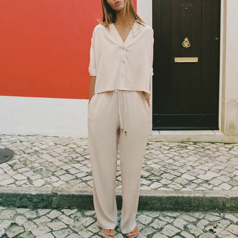 Женская рубашка с V-образным вырезом White ZARA, Raw White — фото 4