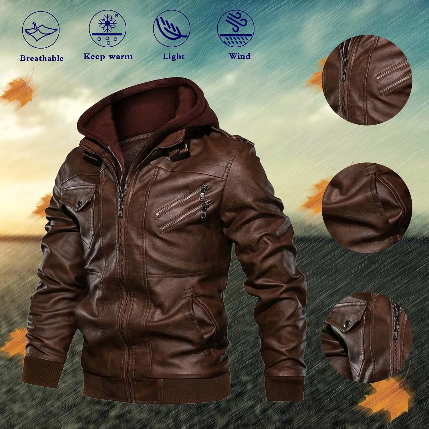 Мужская куртка из экокожи с воротником-стойкой Retro Winter Jacket, brown — фото 3