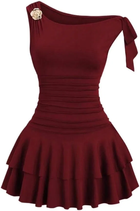 Женское асимметричное мини-платье с воланами Generic, Burgundy