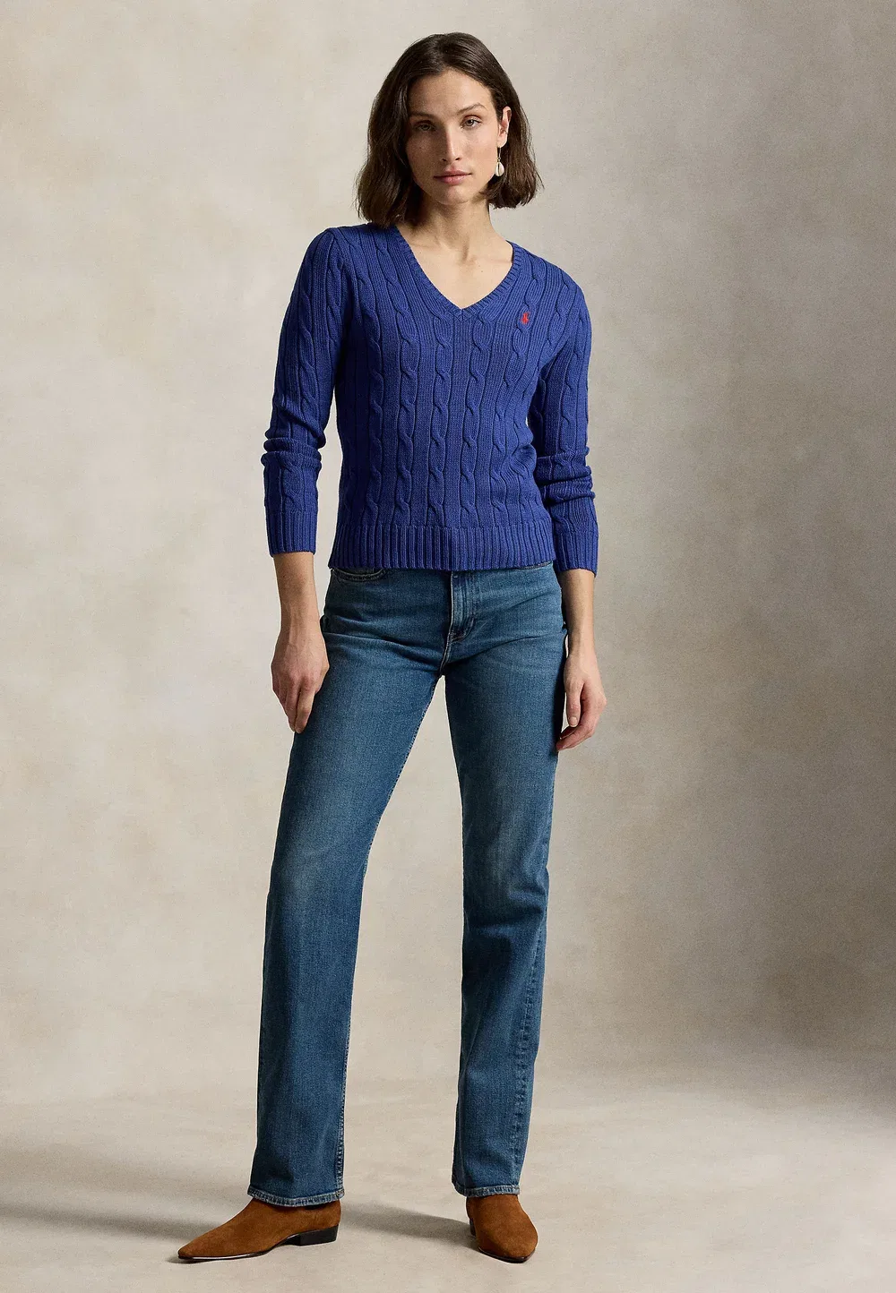 Хлопковый свитер крупной вязки с V-образным вырезом Polo Ralph Lauren, Charter Blue — фото 2