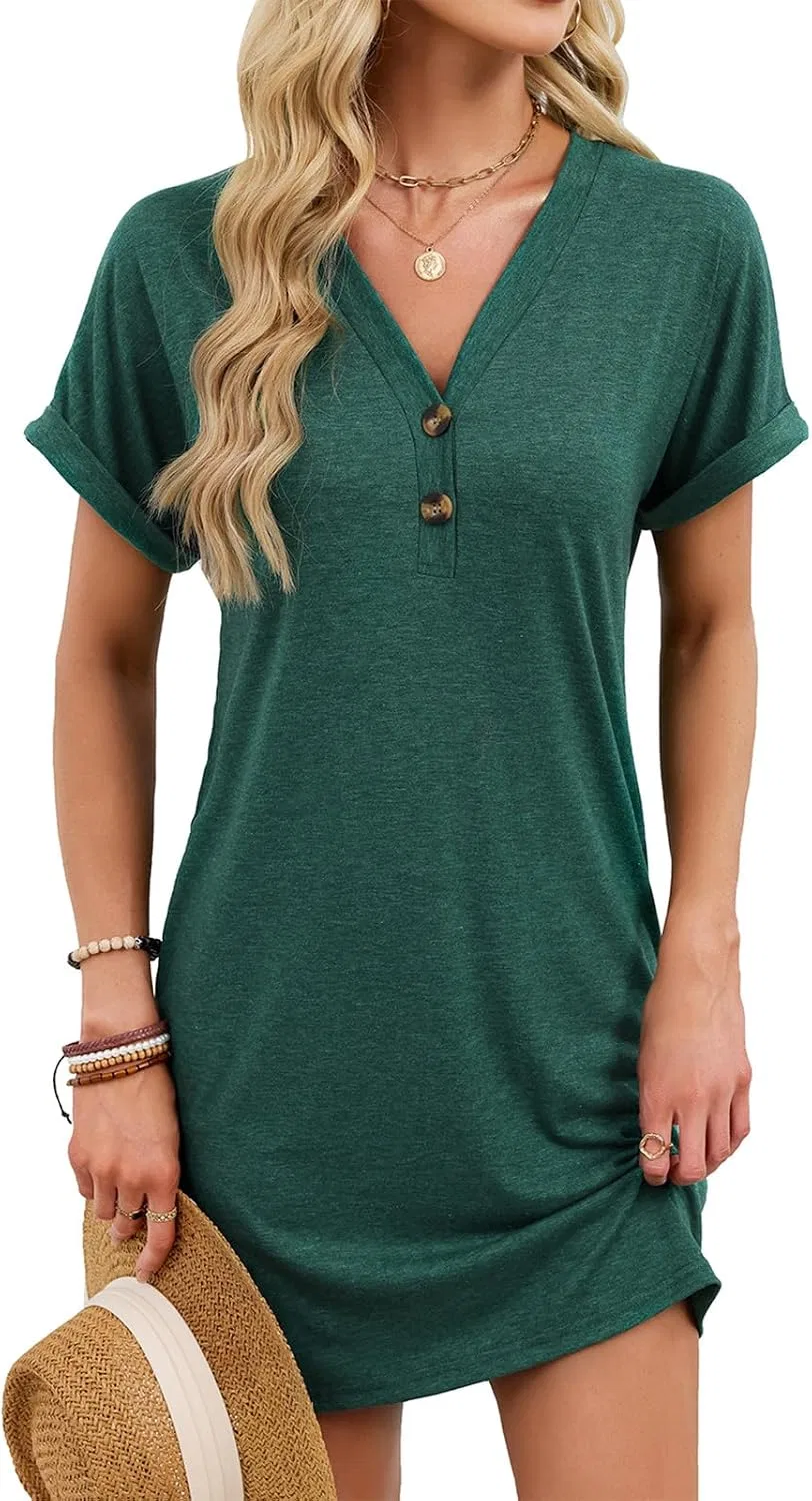 Женское повседневное платье-футболка с V-образным вырезом, Dark Green