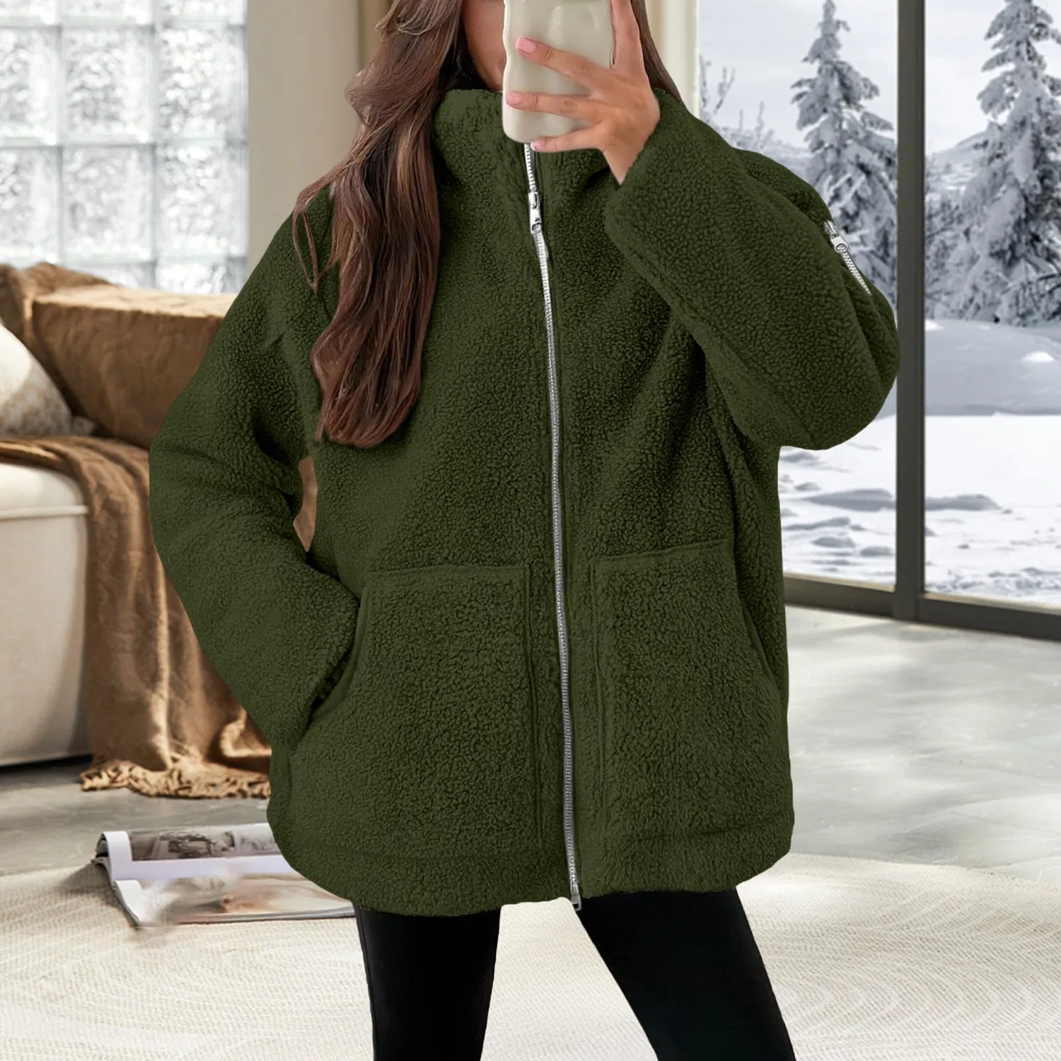 Женская флисовая куртка с принтом Oversized Fleece Jacket, Verde scuro — фото 2