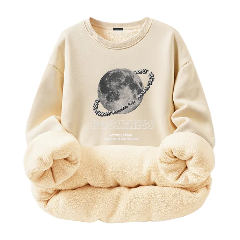 Детское худи с принтом Tonlion, Text: Fleece-Lined, Thickened Light Beige (Ta Planet Ring Letter)