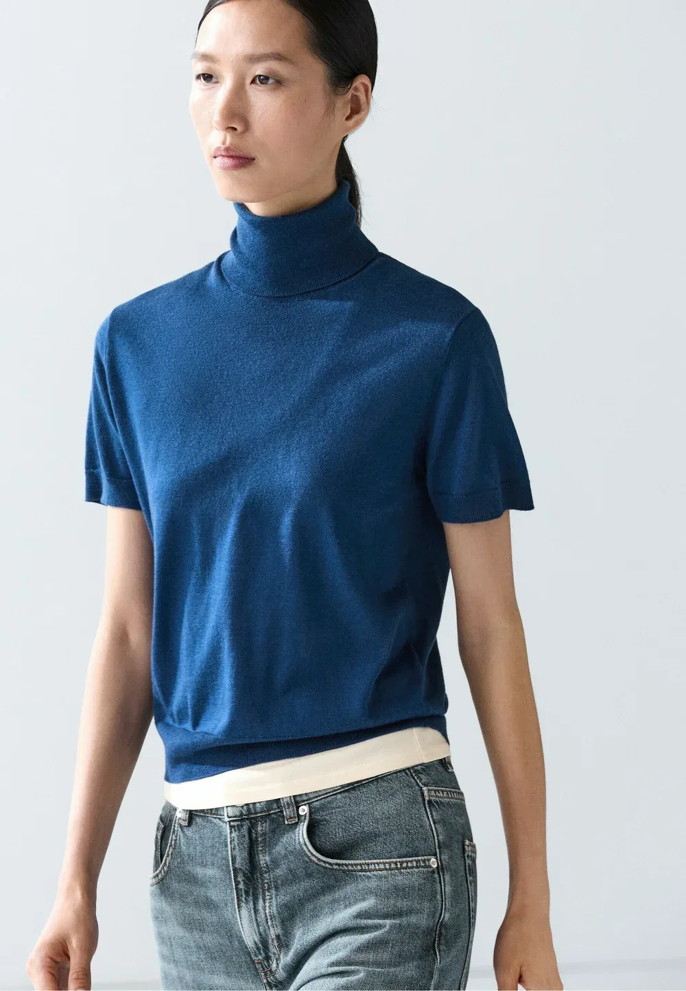 Свитер с высоким воротником из смесовой шерсти - базовая футболка Massimo Dutti, Dark Blue