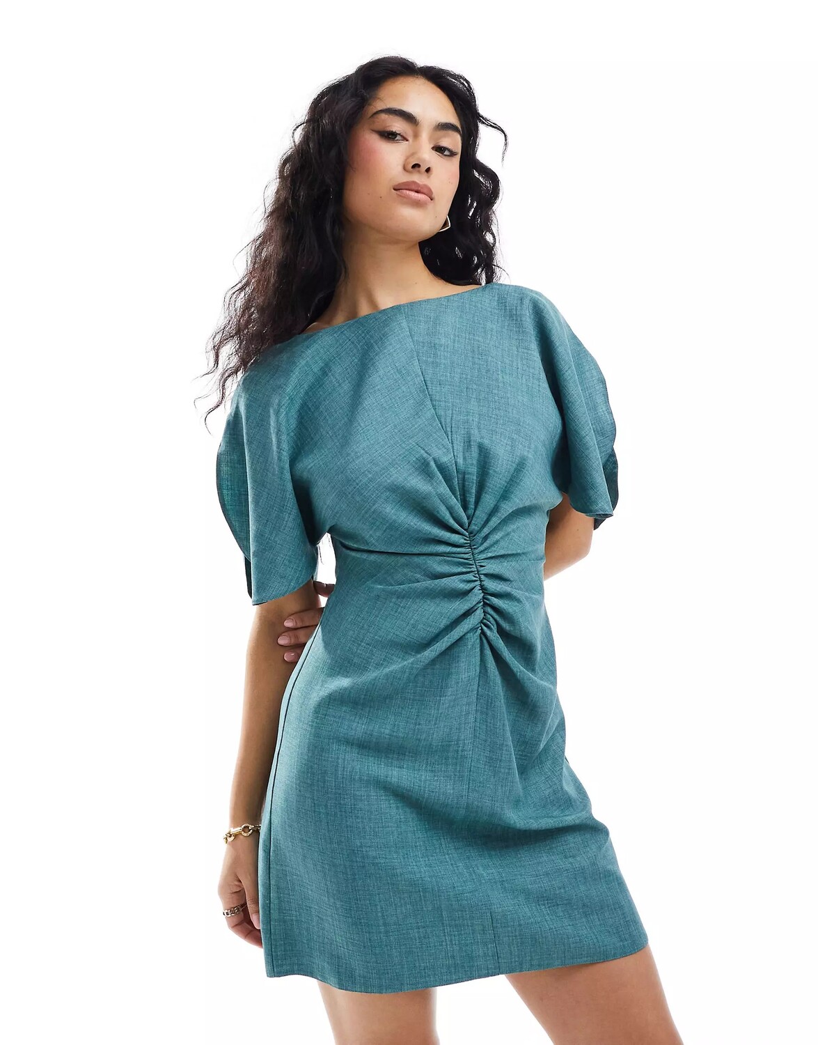 

Платье мини Asos Design Linen-look Flutter Sleeve With Ruching Detail, синий
