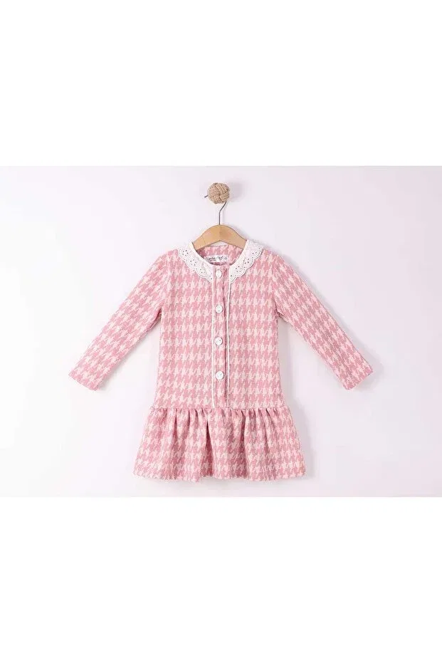 Детское платье для девочек с жаккардовым узором Fisto collar front pat buttoned skirt with drawstring long sleeve lycra cotton jacquard dress Elayza, Powder Pink